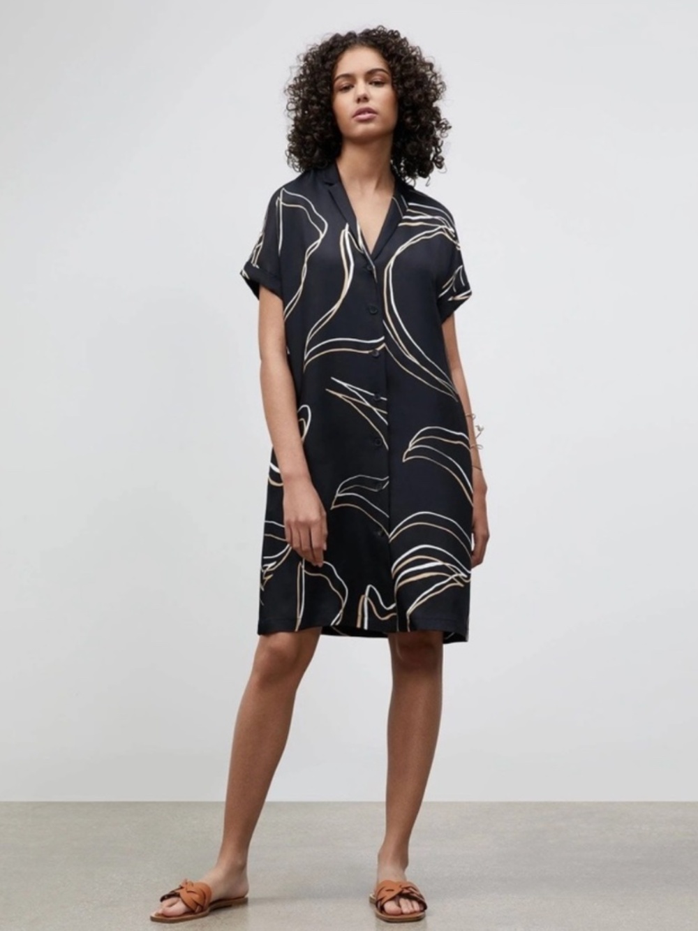Lafayette 148 Button Down Shift Shirt Dress Black Abstract Print XS Minimalist